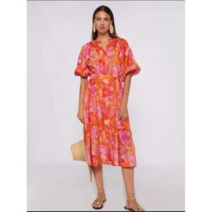 Vilagallo Claudette Pink Orange Blossom Floral Puff Sleeve ‎ Midi Dress Size 36